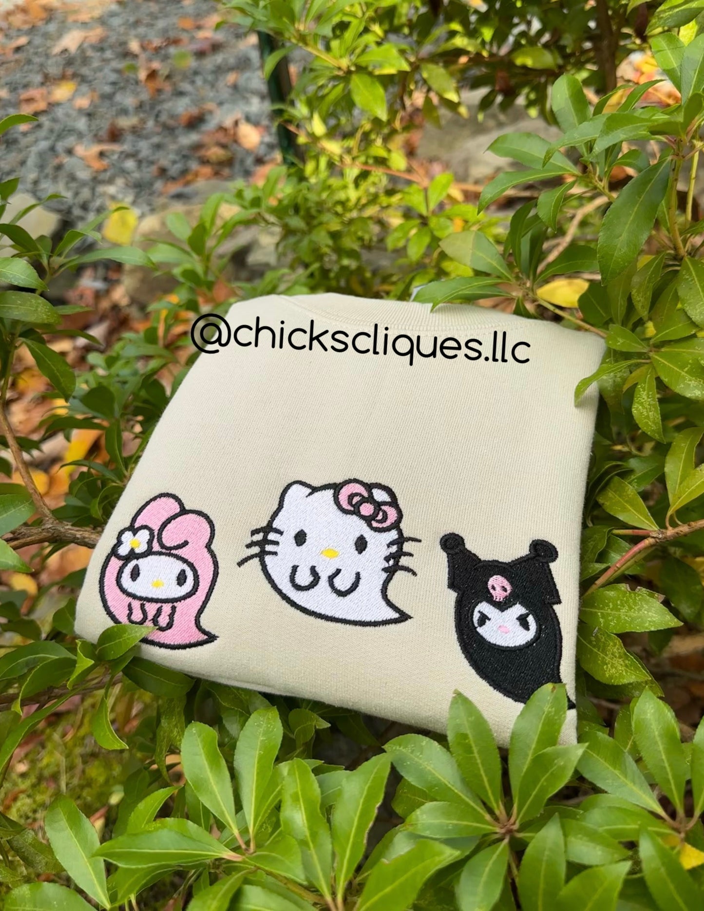 Kitty Melody and Kuromi Ghost Halloween Embroidery Crewneck Sweatshirt