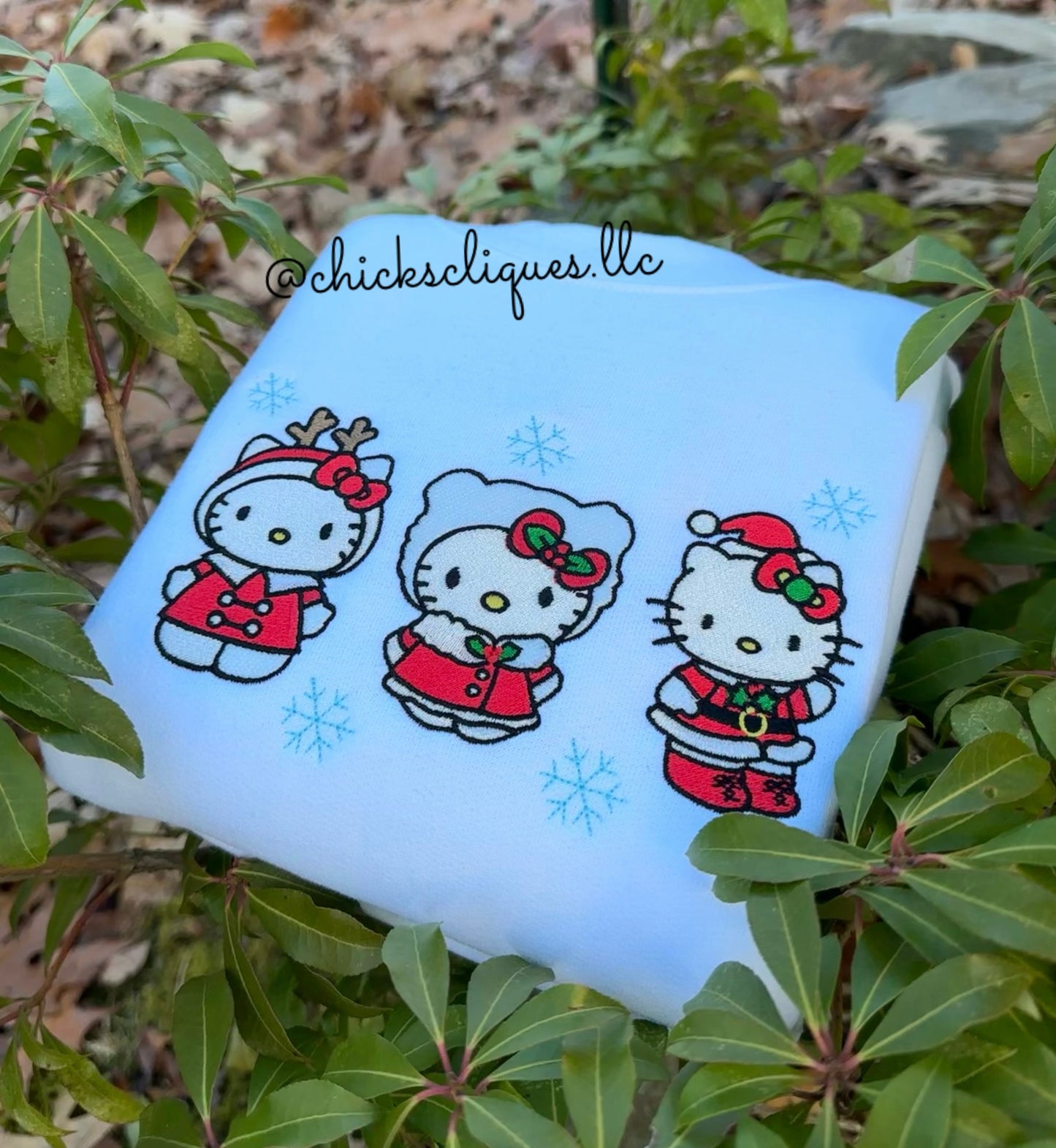 Kitty x 3 Reindeer Wintery and Santa Christmas Embroidery Crewneck Sweatshirt