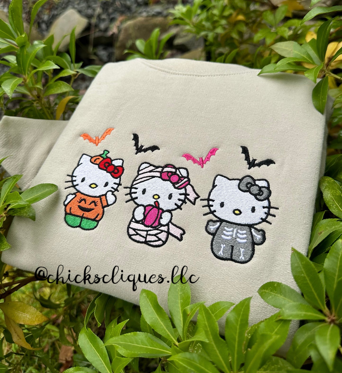 Kitty x 3 Pumpkin Mummy and Skeleton Halloween Embroidery Crewneck Sweatshirt