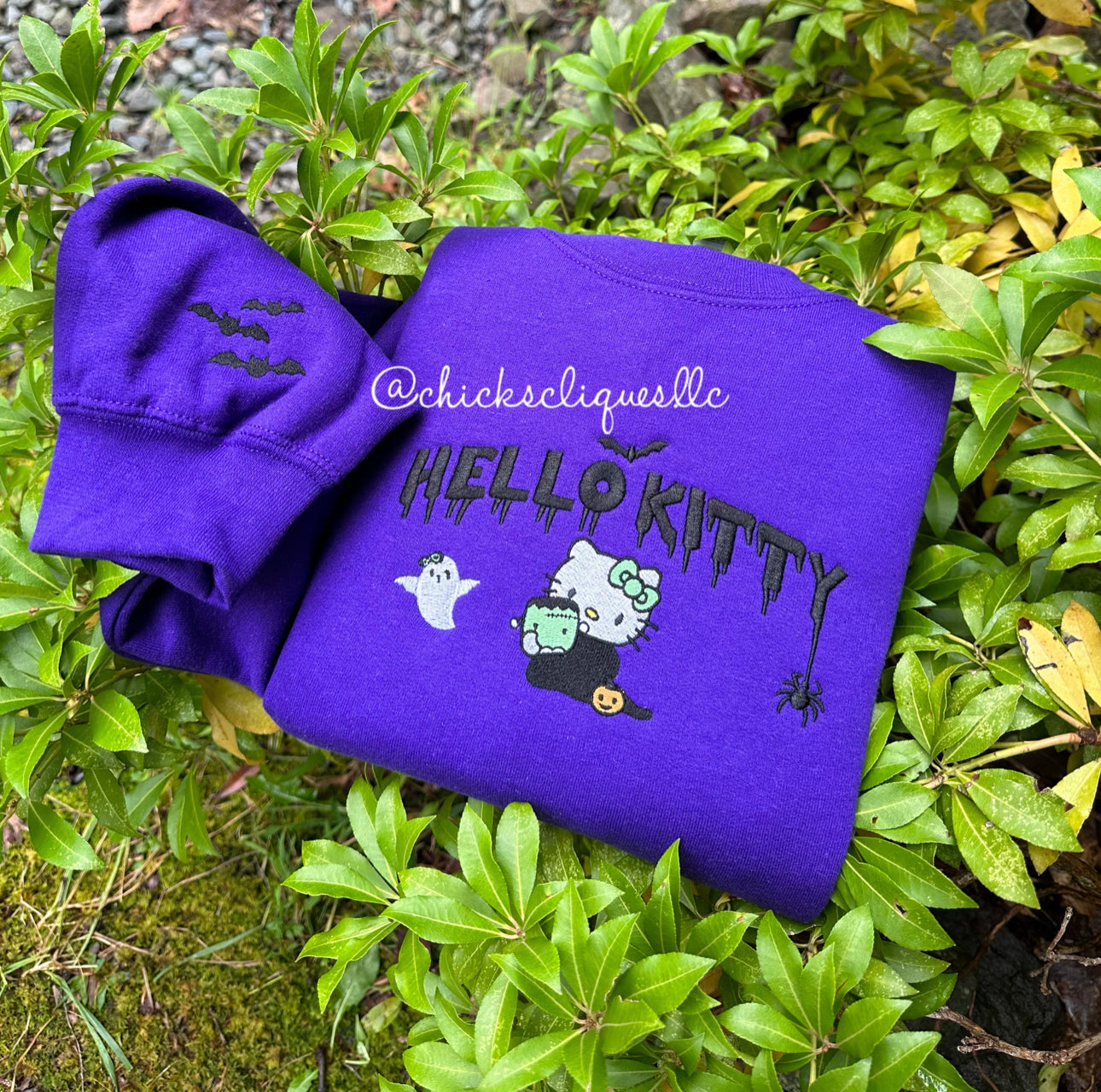 Frankenstein Kitty and Bats With Sleeve Halloween Embroidery Crewneck Sweatshirt