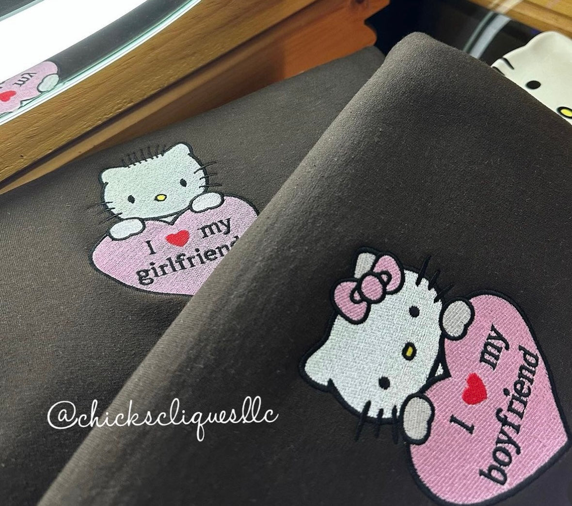 Hello Kitty or Dear Daniel I Love My Boyfriend/Girlfriend Couples Embroidery Crewneck Sweatshirt