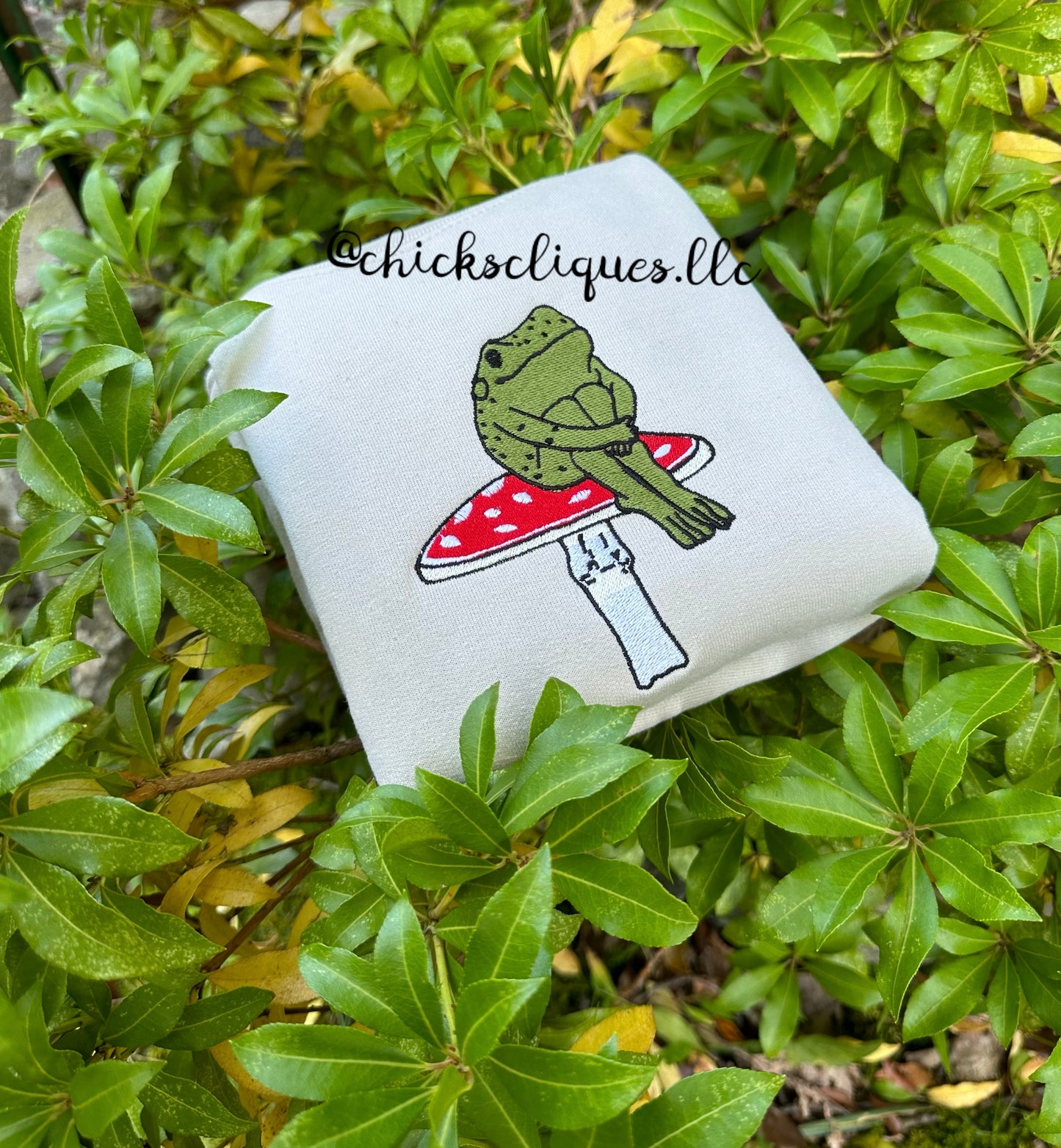 Frog Sitting On Mushroom Embroidery Crewneck Sweatshirt