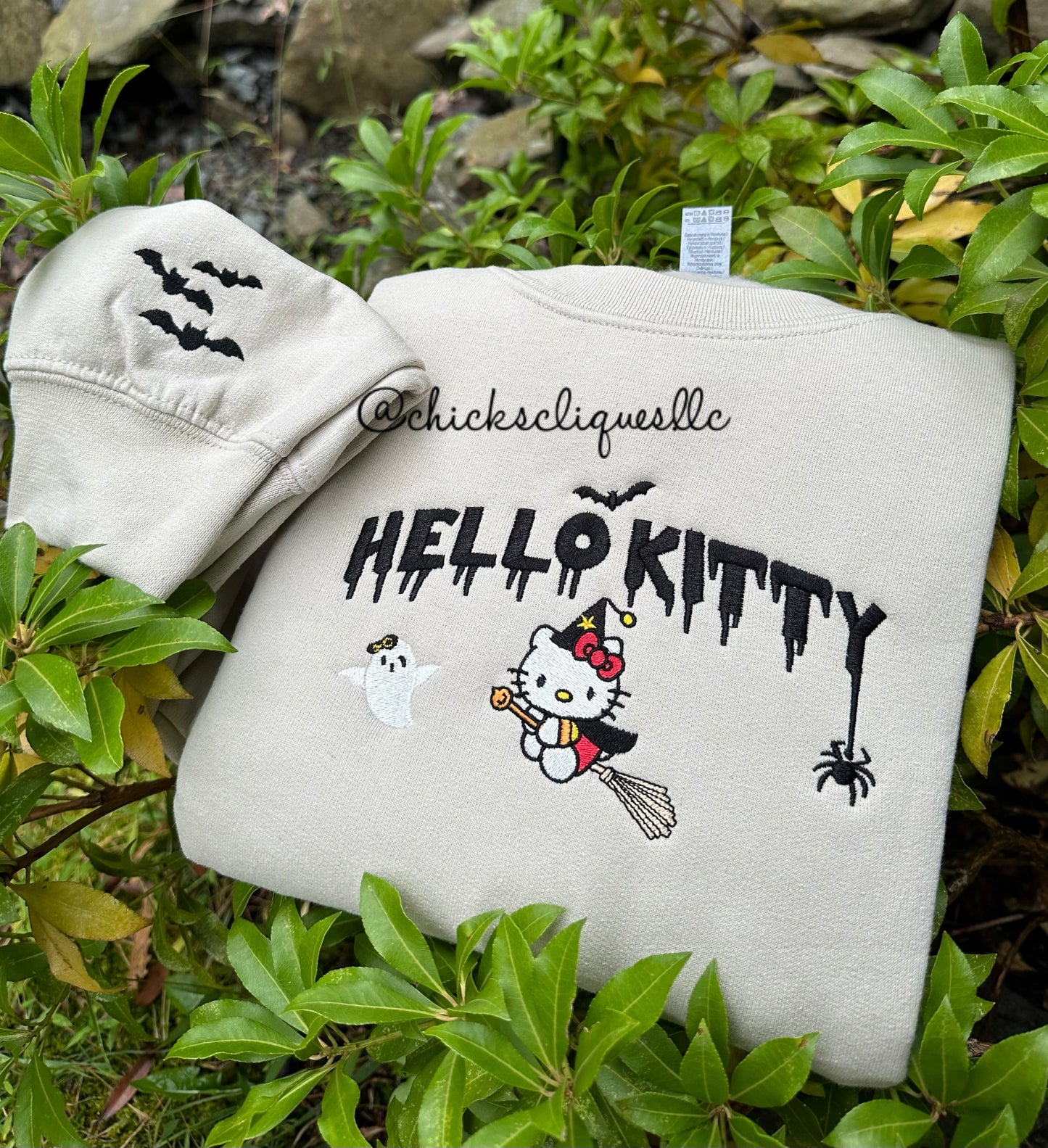 Witch Kitty and Bats With Sleeve Halloween Embroidery Crewneck Sweatshirt