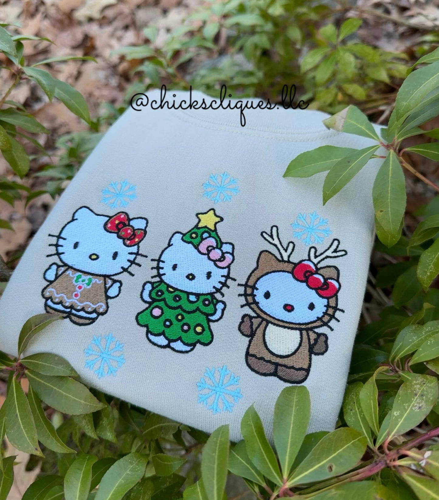 Kitty x 3 Gingerbread Christmas Tree and Reindeer Christmas Embroidery Crewneck Sweatshirt