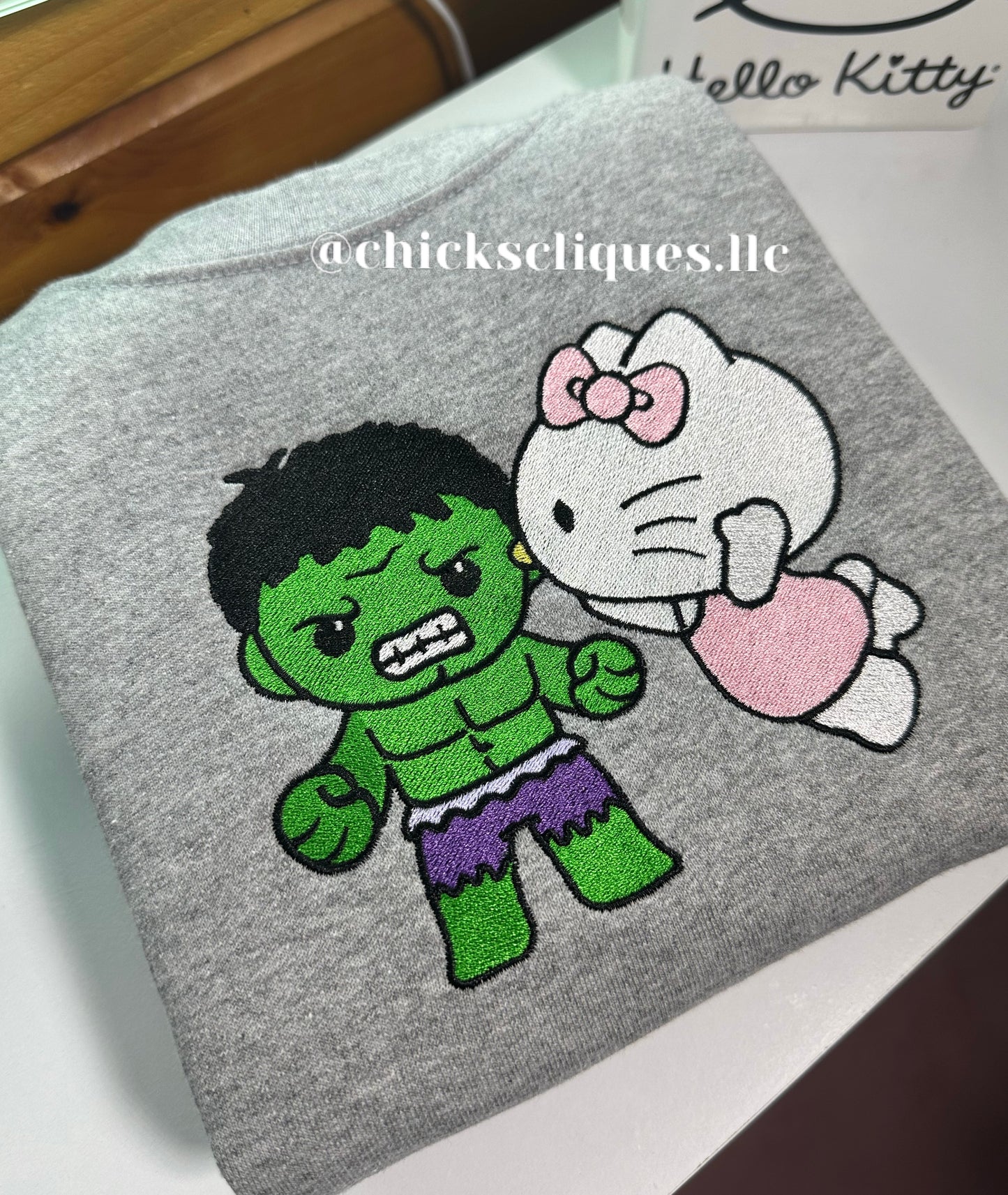 Kitty Kissing Hulk Embroidery Crewneck Sweatshirt