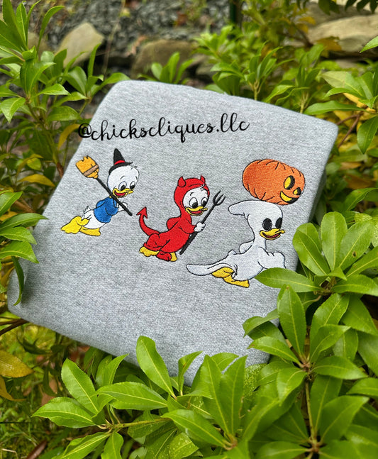 Duck Triplets Halloween Embroidery Crewneck Sweatshirt