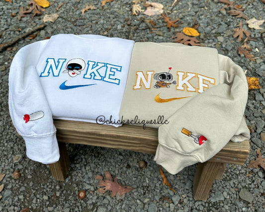 Wall-E and Eve With Sleeve Couples Embroidery Crewneck Sweatshirt