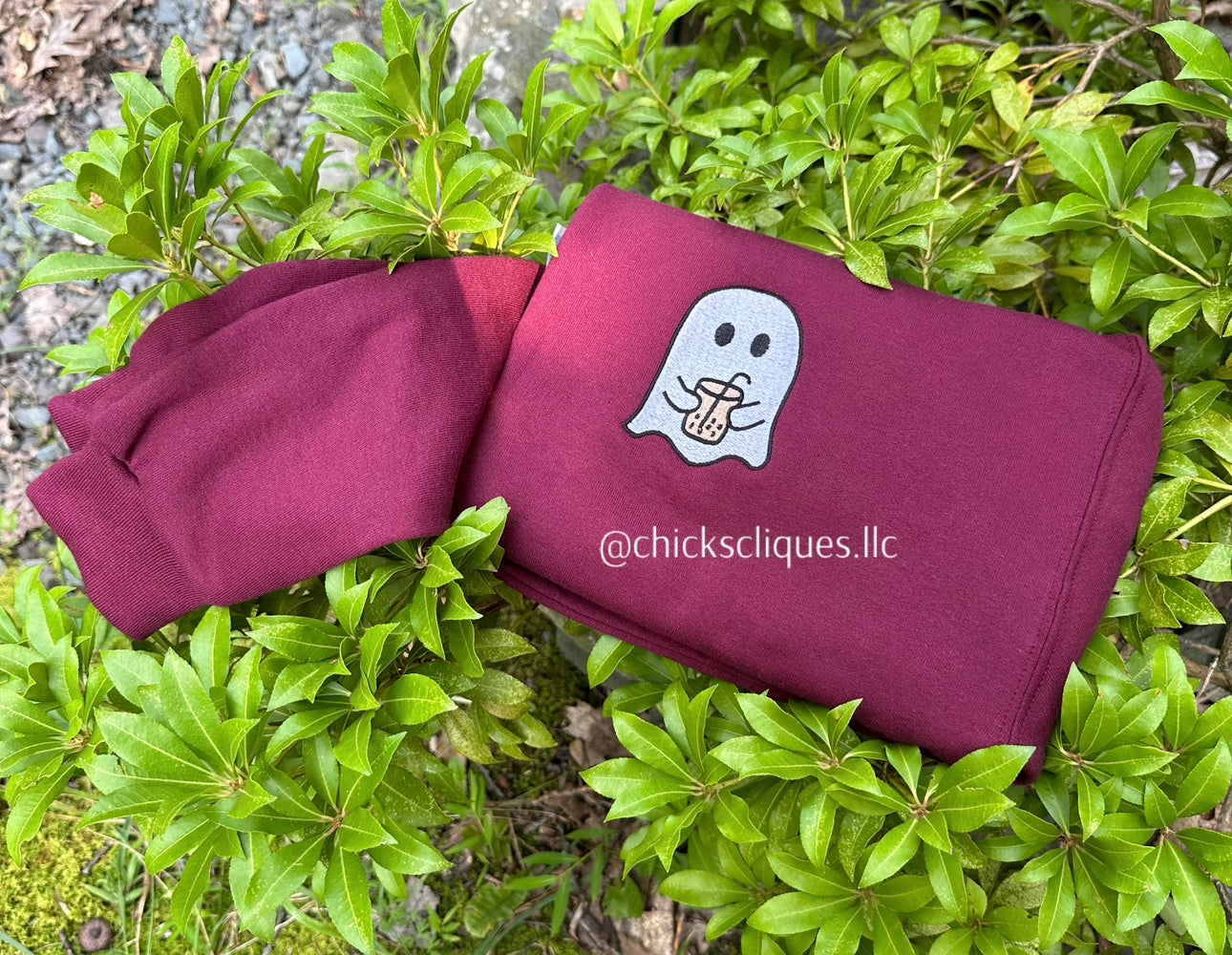 Ghost Drinking Boba Spooky Halloween Cute Embroidery Crewneck Sweatshirt