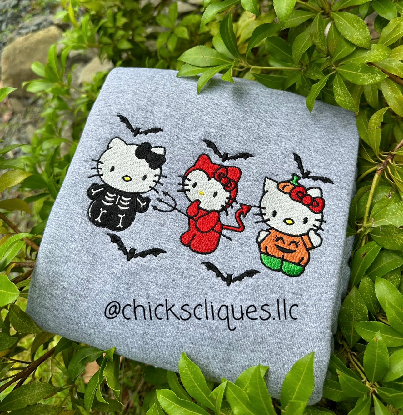 Kitty x 3 Skeleton Devil and Pumpkin Halloween Embroidery Crewneck Sweatshirt