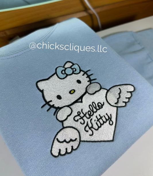 Kitty Angel White Heart Valentines Embroidery Crewneck Sweatshirt