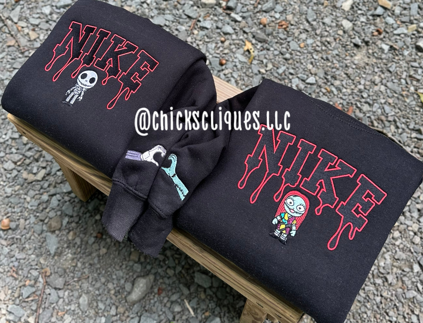 Jack and Sally Skellington Couples With Sleeve Halloween Embroidery Crewneck Sweatshirt