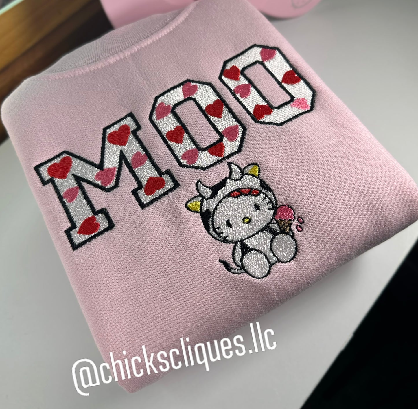 Kitty Cow Moo Valentines Embroidery Crewneck Sweatshirt