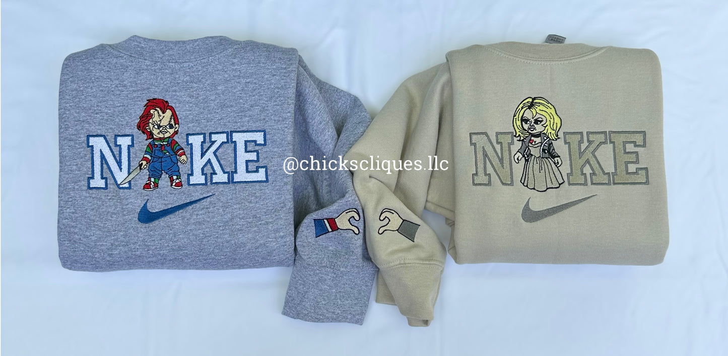 Chucky and Tiffany Couples With Sleeve Halloween Embroidery Crewneck Sweatshirt