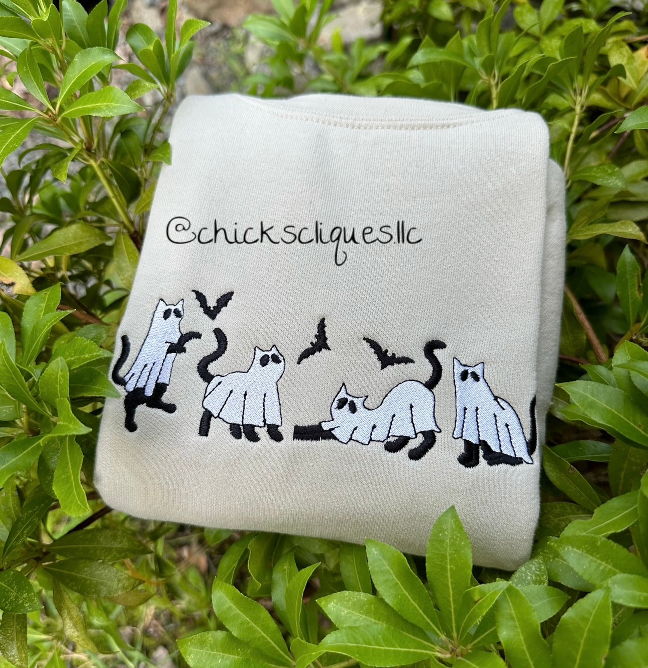 Spooky Cats and Bats Playing Cute Halloween Embroidery Crewneck Sweatshirt