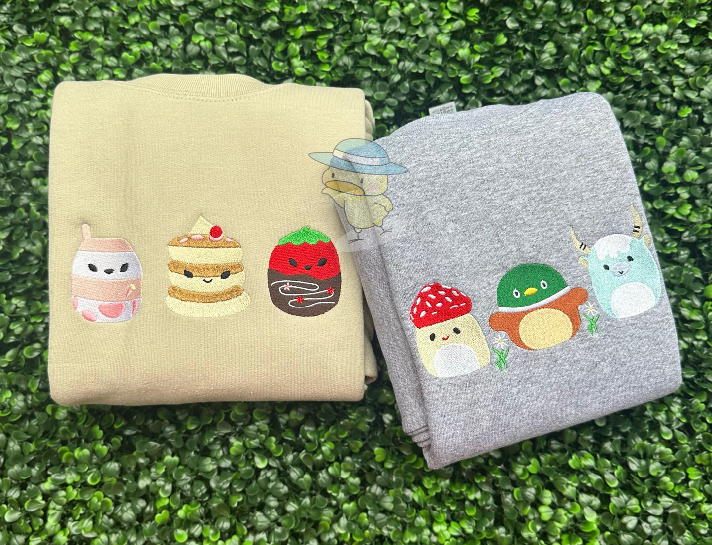 Squishmallow Strawberry Milkshake Pancake and Chocolate Strawberry Embroidery Crewneck Sweatshirt