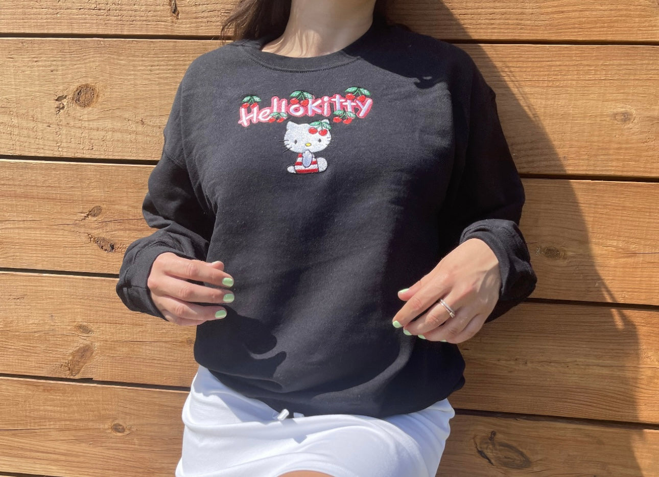 Kitty Cherry Fruit Embroidery Crewneck Sweatshirt