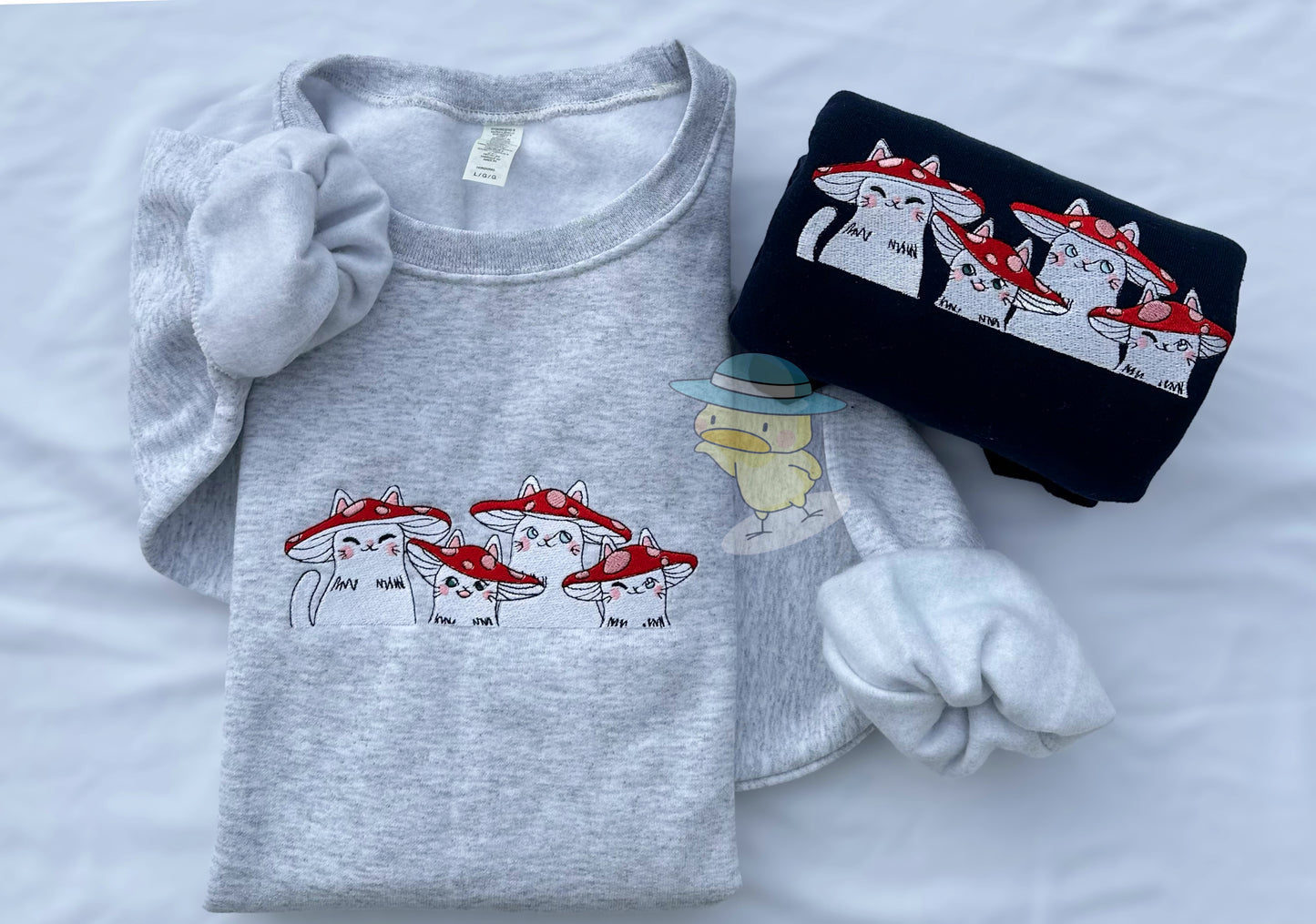 Cats Wearing Mushroom Hats Embroidery Crewneck Sweatshirt