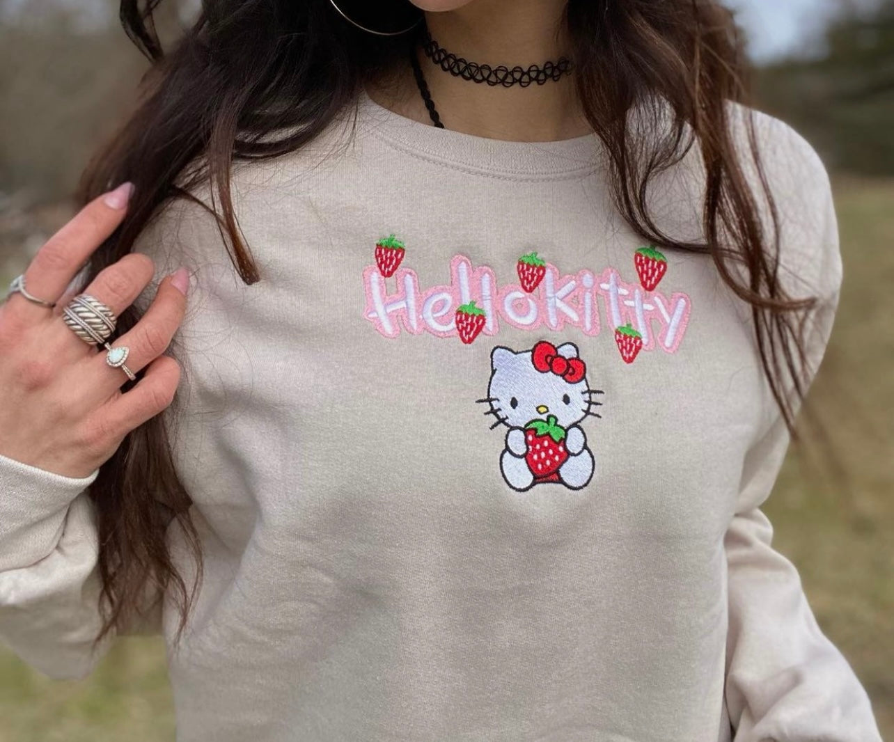 Kitty Strawberry Fruit Y2K Embroidery Crewneck Sweatshirt