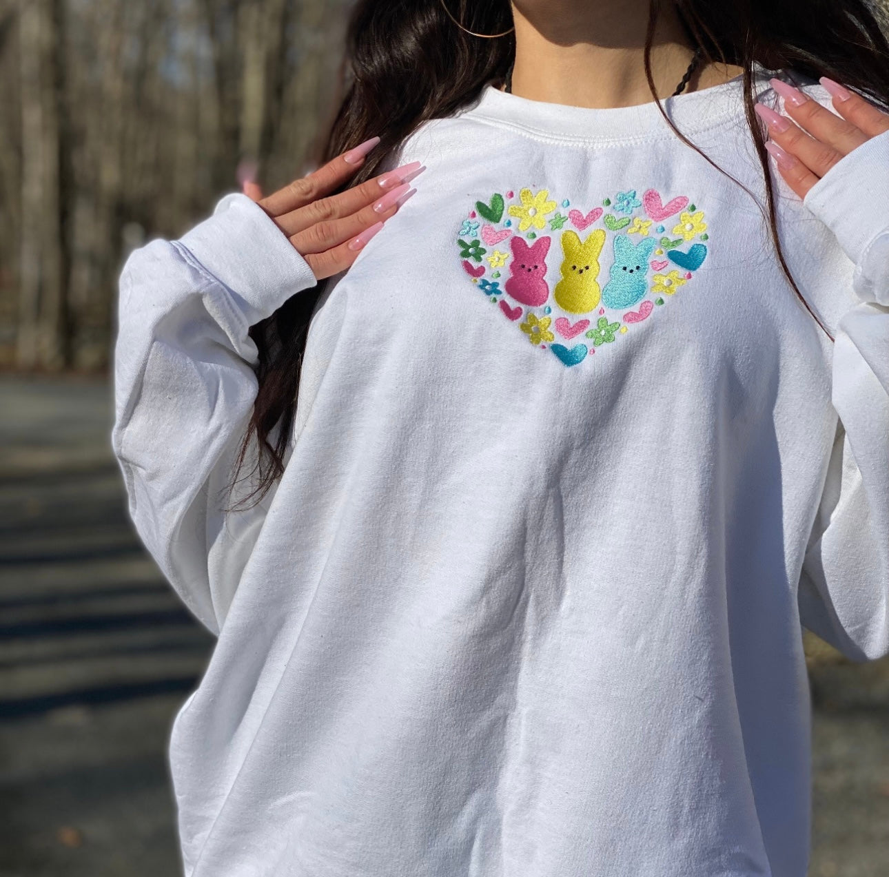 Peeps Heart Easter Embroidery Crewneck Sweatshirt