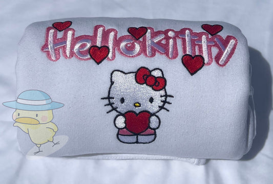 Kitty Lover Hearts Valentines Embroidery Crewneck Sweatshirt