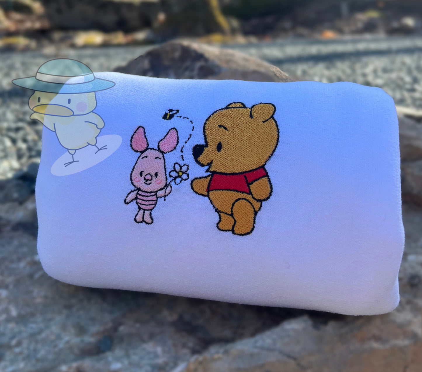 Piglet and Bear Honey Bee and Sunflower Embroidery Crewneck Sweatshirt