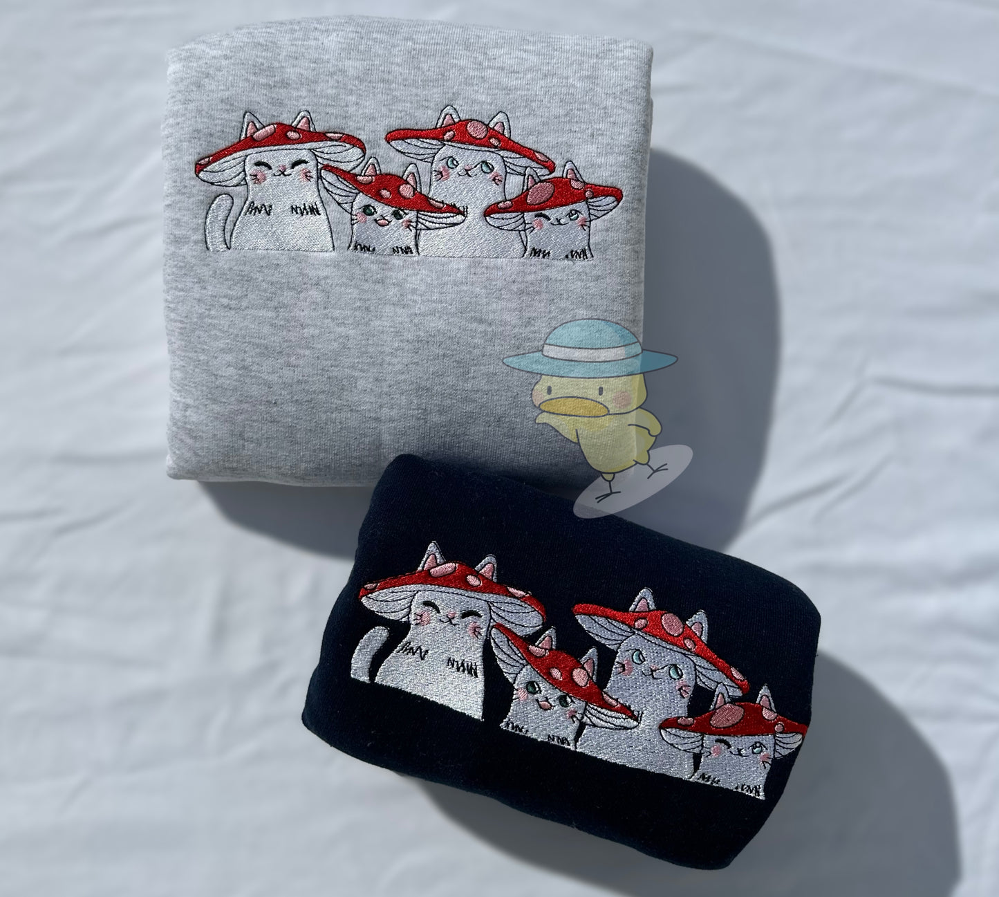 Cats Wearing Mushroom Hats Embroidery Crewneck Sweatshirt