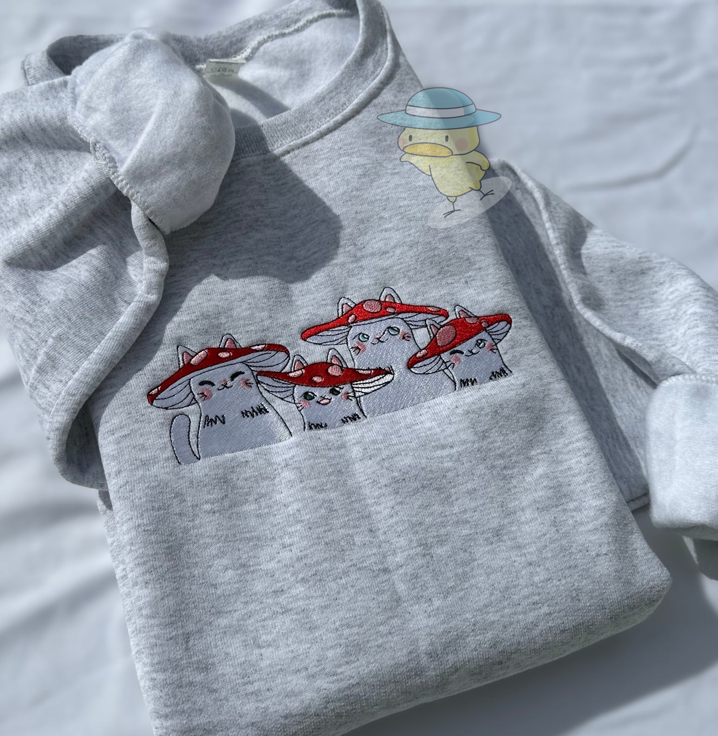 Cats Wearing Mushroom Hats Embroidery Crewneck Sweatshirt