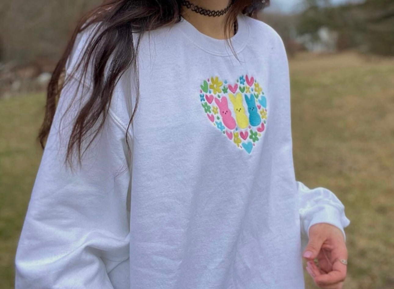 Peeps Heart Easter Embroidery Crewneck Sweatshirt