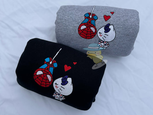 Kitty Kissing Spider Man Embroidery Crewneck Sweatshirt