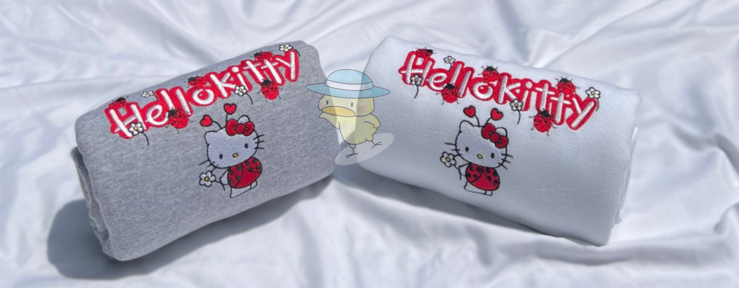 Kitty Lady Bug Flower Embroidery Crewneck Sweatshirt