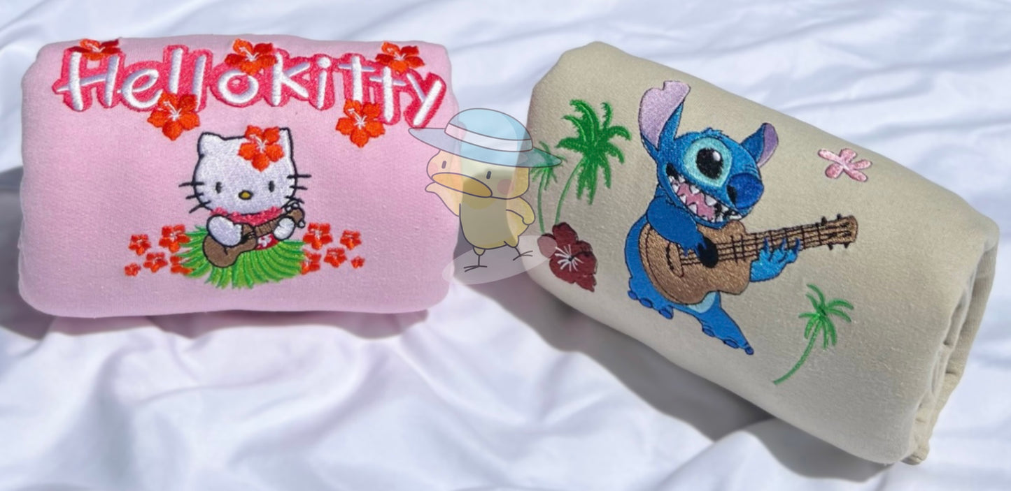 Stitch Playing Guitar Hawaiian Embroidery Crewneck Sweatshirt