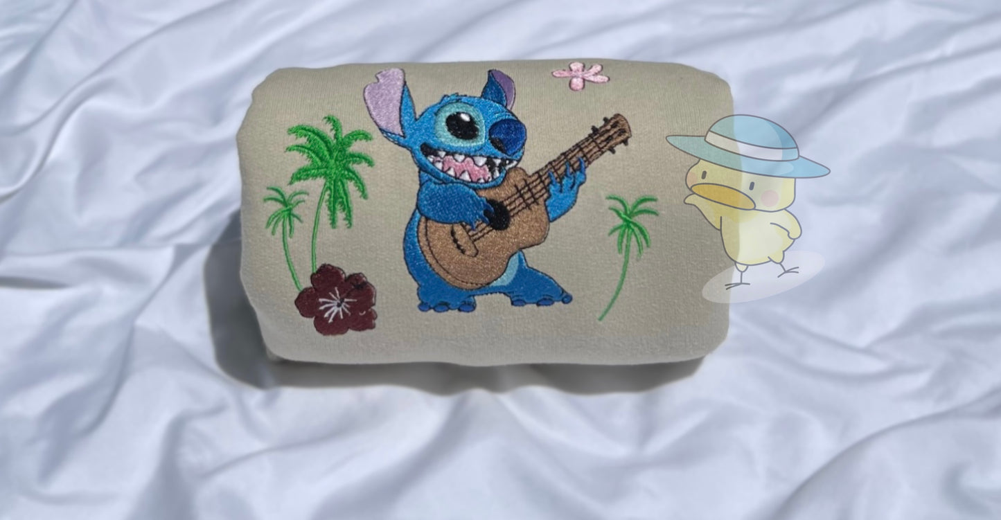 Stitch Playing Guitar Hawaiian Embroidery Crewneck Sweatshirt