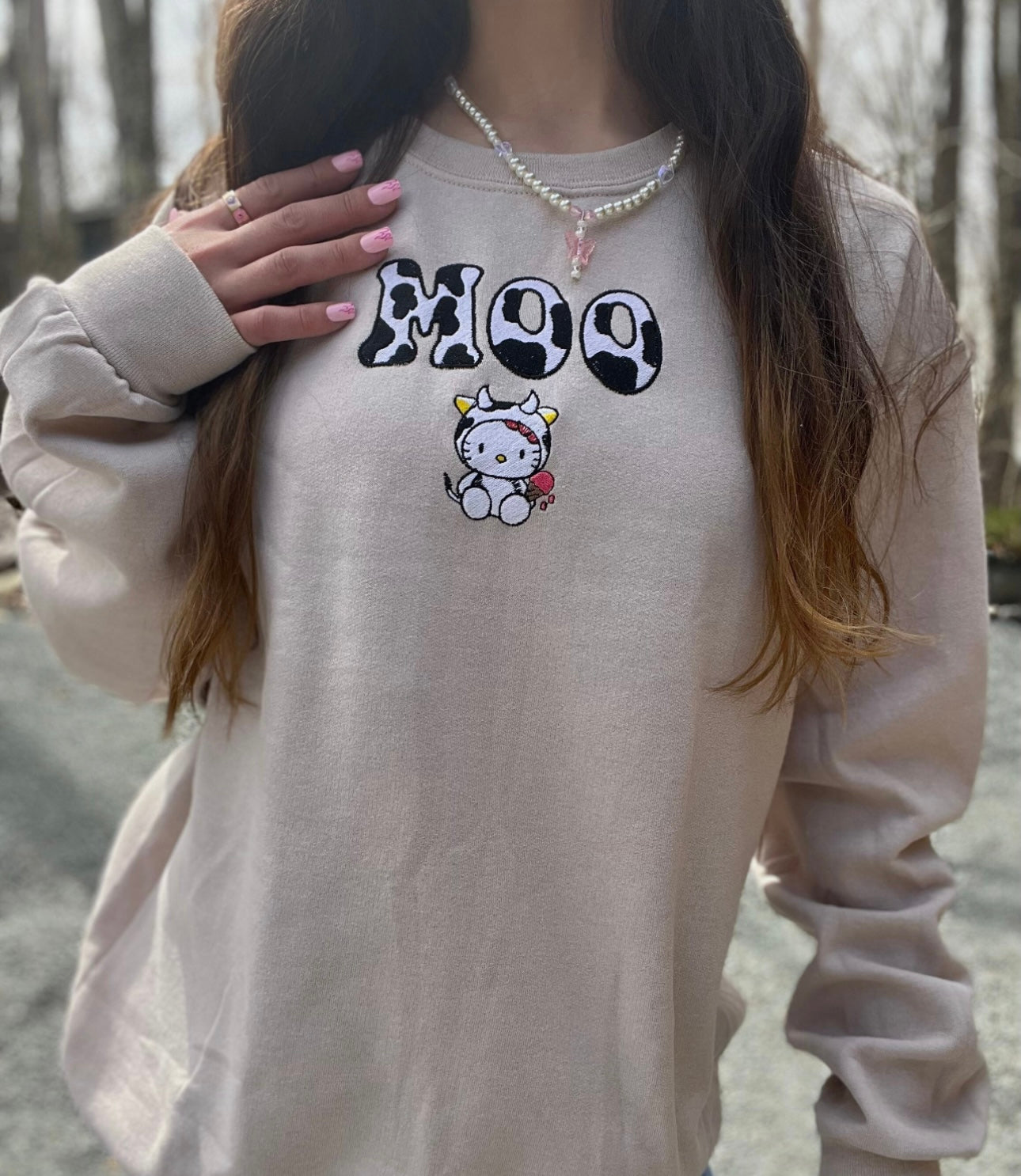 Kitty Moo Cow Print Ice Cream Y2K Embroidery Crewneck Sweatshirt