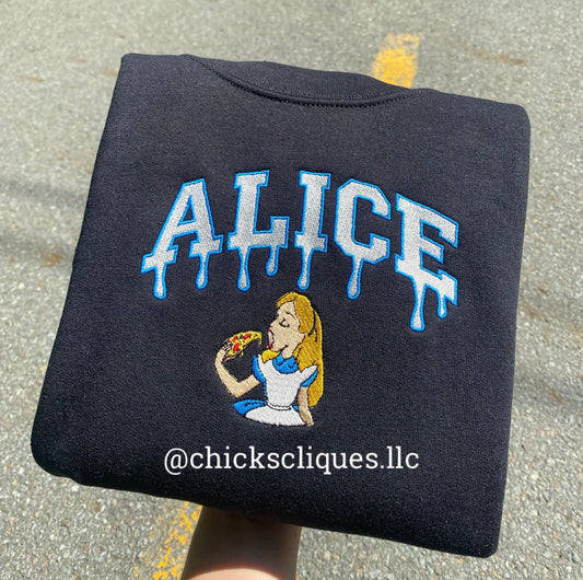 Alice Eating Pizza Drip Embroidery Crewneck Sweatshirt