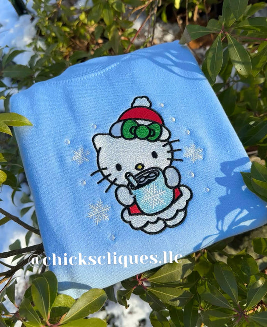 Kitty Hot Cocoa Snowflake Christmas Embroidery Crewneck Sweatshirt