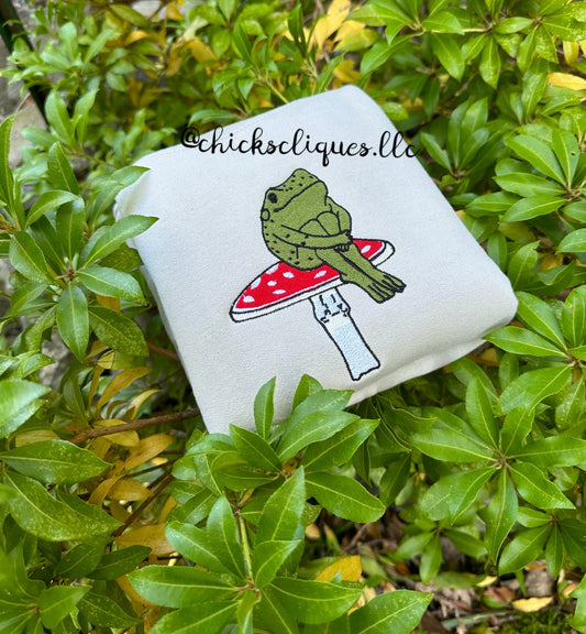 Frog Sitting On Mushroom Embroidery Crewneck Sweatshirt
