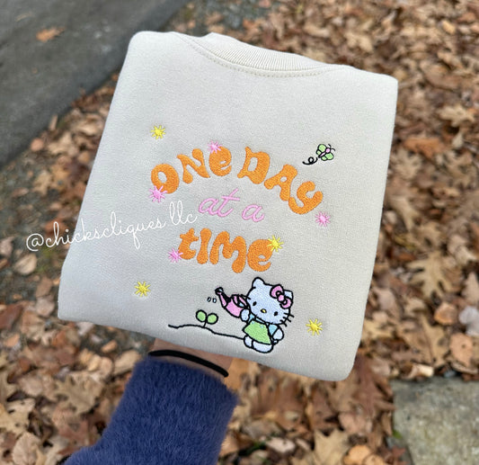 Kitty “One day at a time” Embroidery Crewneck Sweatshirt