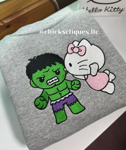 Kitty Kissing Hulk Embroidery Crewneck Sweatshirt