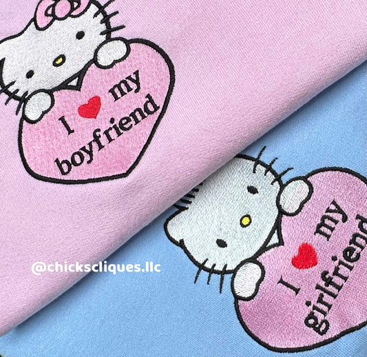 Hello Kitty or Dear Daniel I Love My Boyfriend/Girlfriend Couples Embroidery Crewneck Sweatshirt