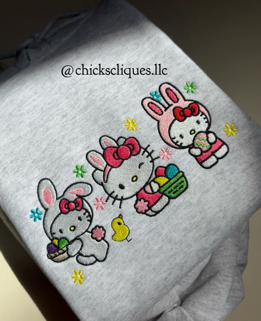 Kitty Easter Bunnies Embroidery Crewneck Sweatshirt