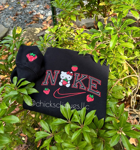 Kitty Fruit Strawberry With Sleeve Embroidery Crewneck Sweatshirt