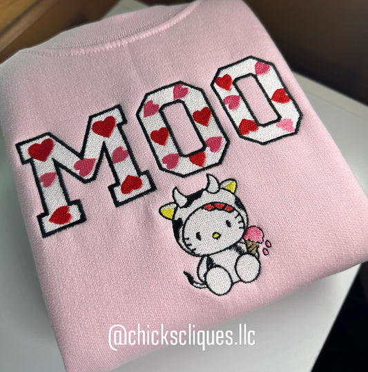 Kitty Cow Moo Valentines Embroidery Crewneck Sweatshirt