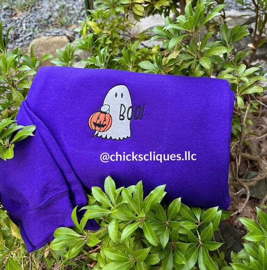 Ghost Boo Pumpkin Left Chest Embroidery Crewneck Sweatshirt