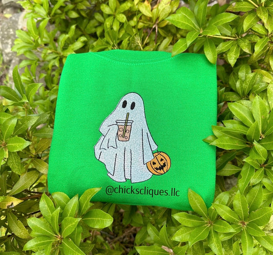 Ghost Drinking Coffee Pumpkin Spooky Cute Halloween Embroidery Crewneck Sweatshirt
