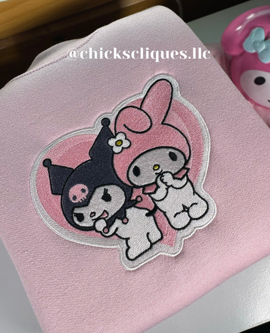 My Melody and Kuromi Friends Double Heart Embroidery Crewneck Sweatshirt