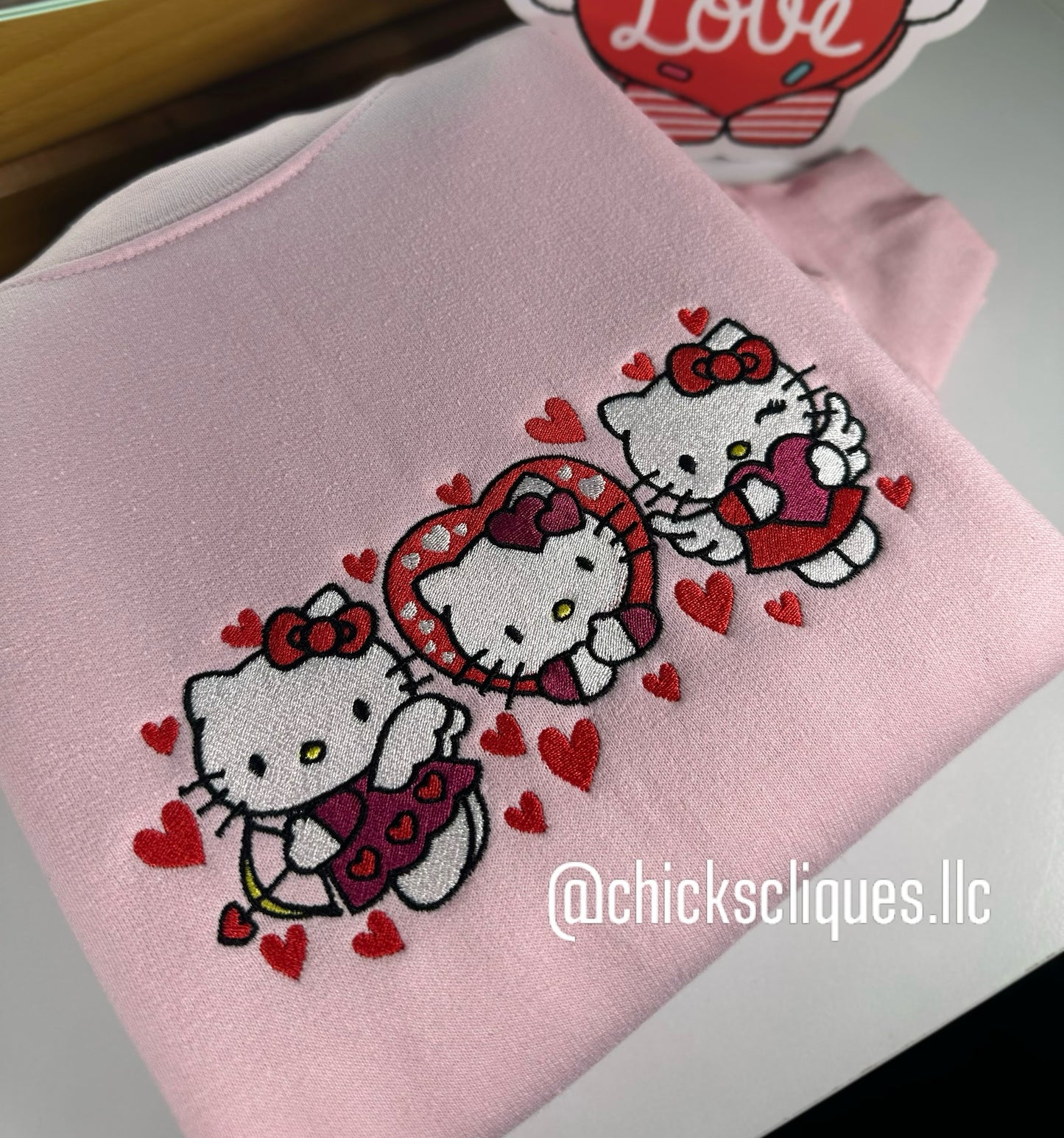 Kitty x 3 Arrow Heart and Angel Valentines Embroidery Crewneck Sweatshirt