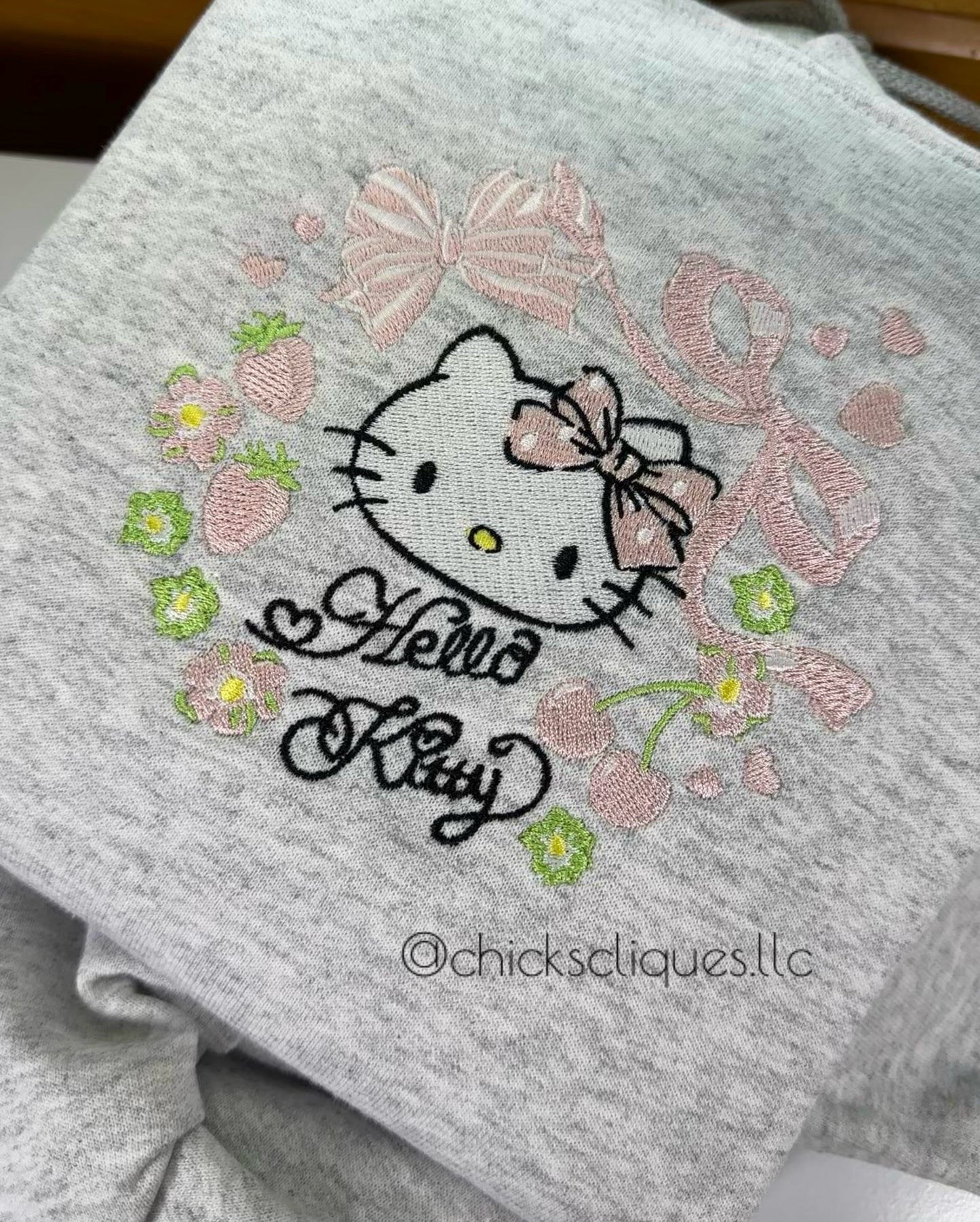 Kitty Pastel Fruit and Bow Valentines Embroidery Crewneck Sweatshirt