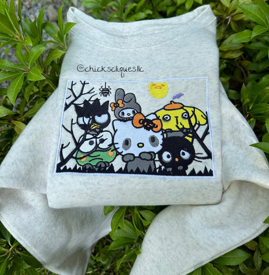 Kitty and Friends Spooky Frame Halloween Embroidery Crewneck Sweatshirt