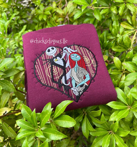 Jack and Sally Skellington and Zero Lovers Embroidery Crewneck Sweatshirt