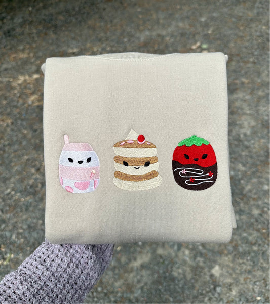 Squishmallow Strawberry Milkshake Pancake and Chocolate Strawberry Embroidery Crewneck Sweatshirt